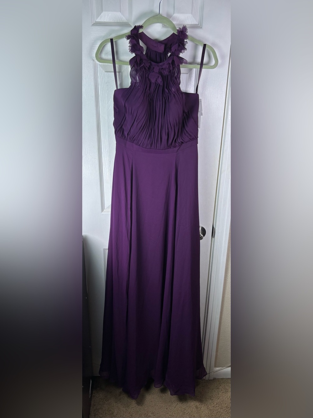 Morilee Elegant Purple Halter Maxi Dress with Floral Neckline - Picture 13 of 15